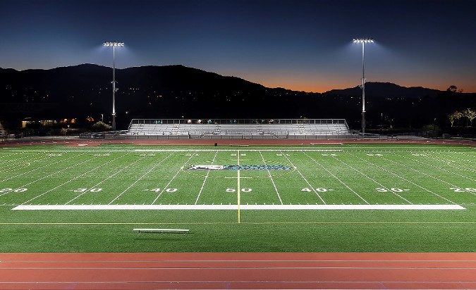 Canyon Springs High School Athletic Complex exterior view of football field at night