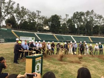 Santa Barbara High School Peabody Stadium groundbreaking ceremony tossing the first shovel
