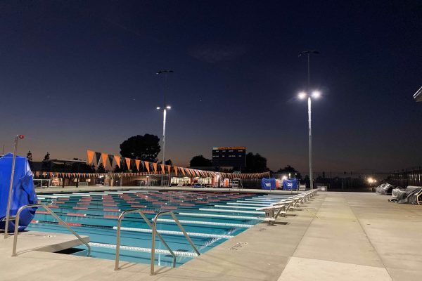 La Puente High School Pool, Kitchen, and Dressing Rooms pool wide angle at dusk