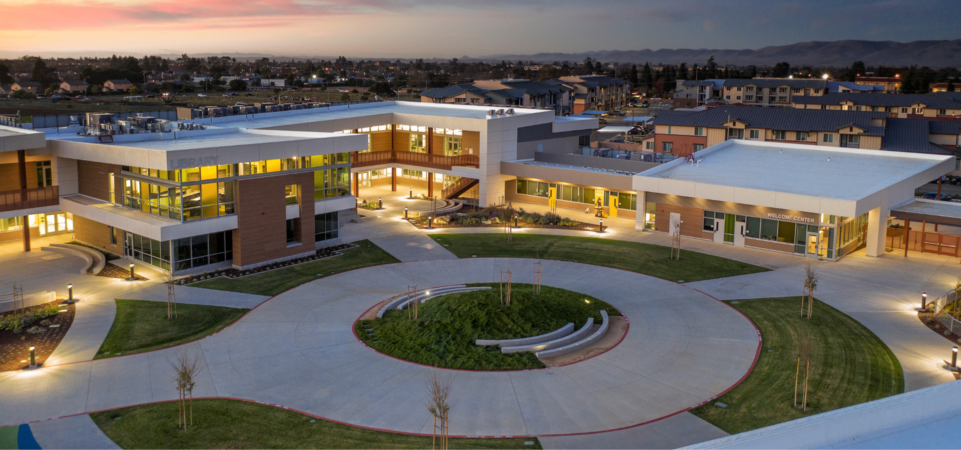 Libbon Elementary School aerial view at dusk